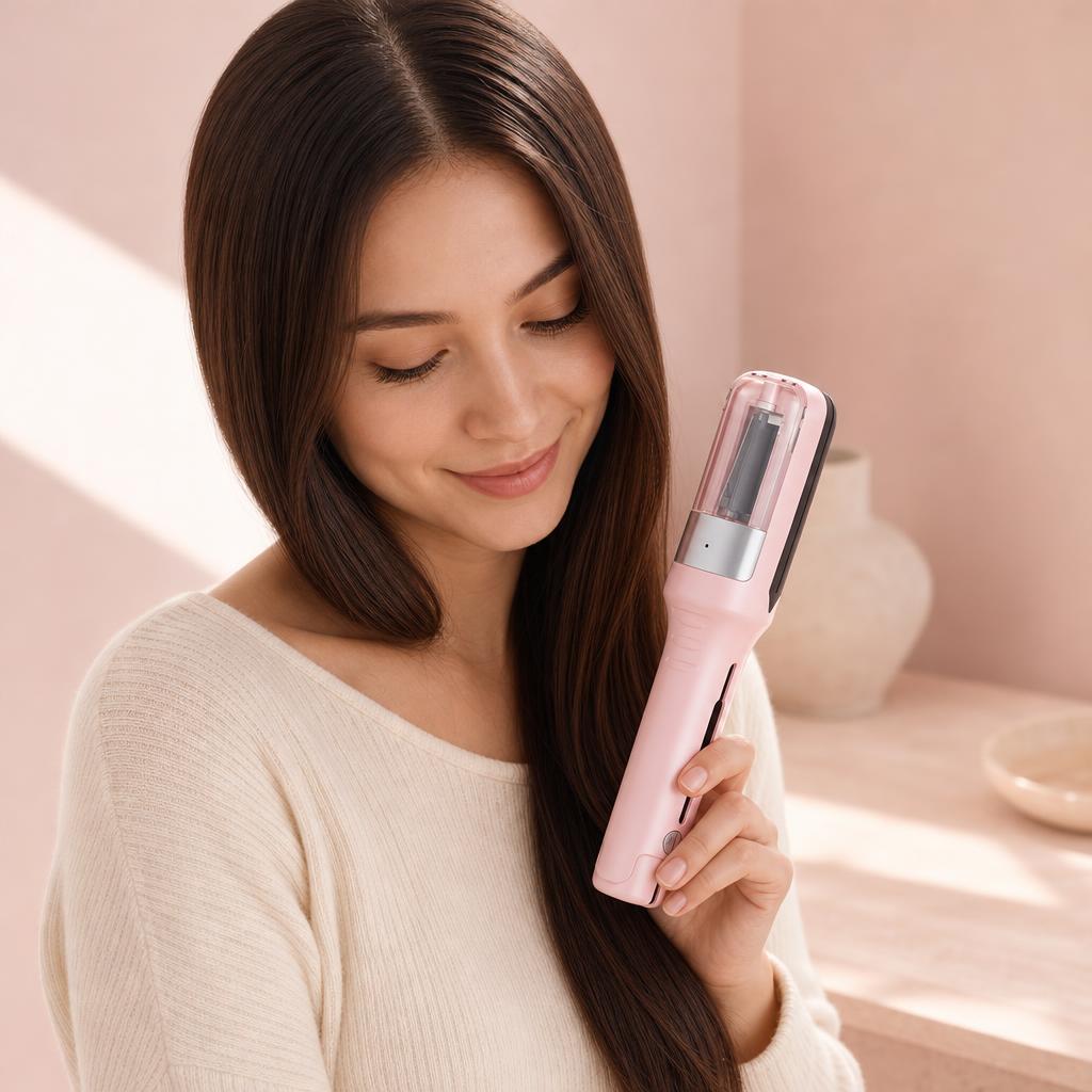 Woman with smooth, glossy hair holding SplitZero