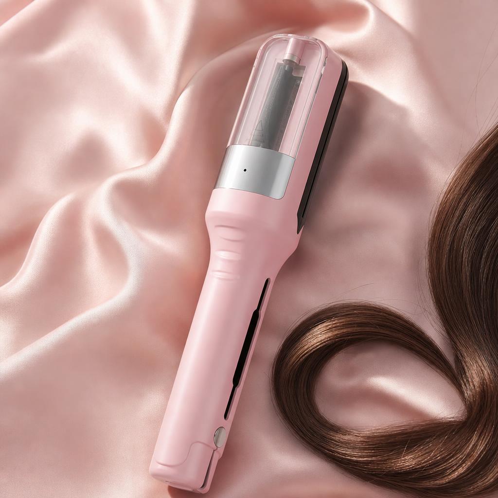 SplitZero resting on blush silk next to a lock of glossy hair
